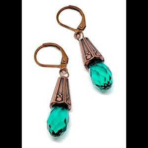 Teal Green Crystal Briolette Water Drop Antique Copper Lever Back Drop Earrings